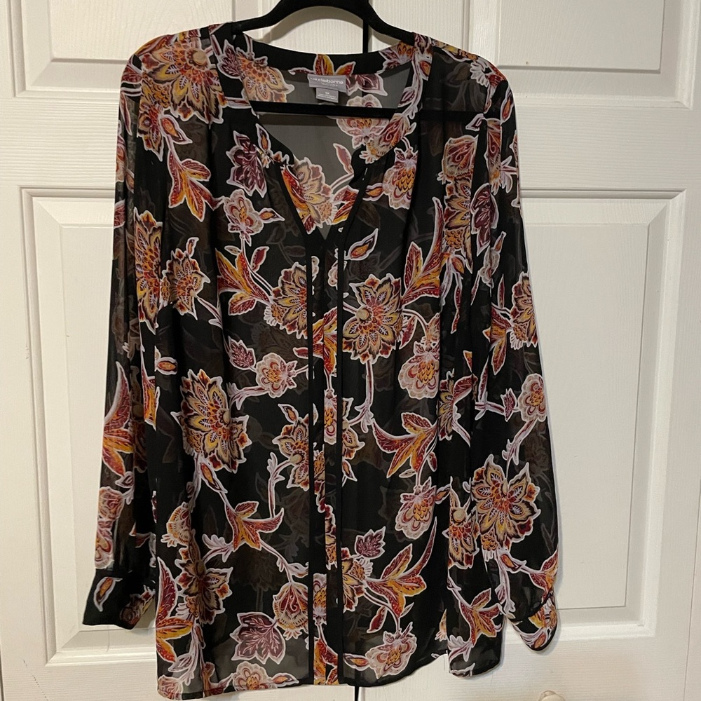 Liz‎ Claiborne sheer black and and orange fall print blouse 1X